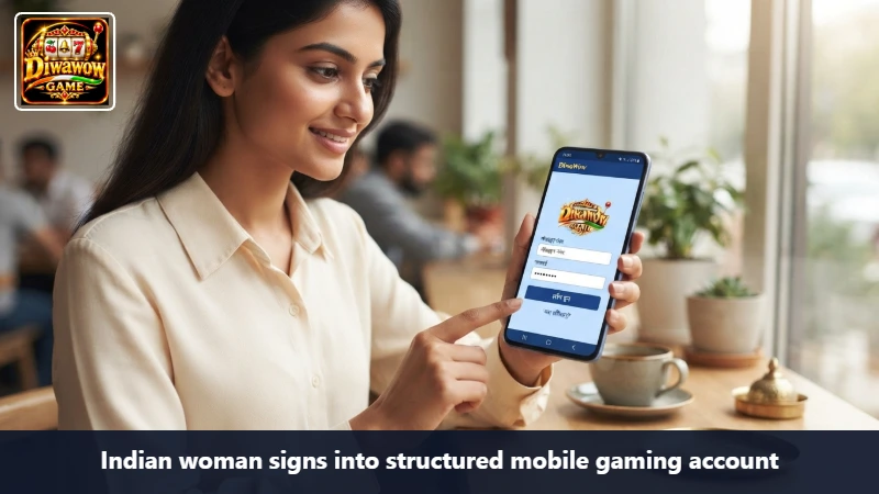 Indian woman signs into structured mobile gaming account