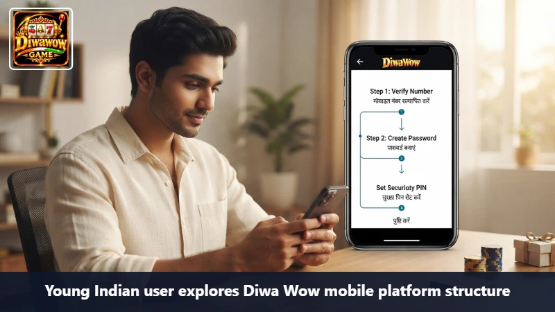 Young Indian user explores Diwa Wow mobile platform structure